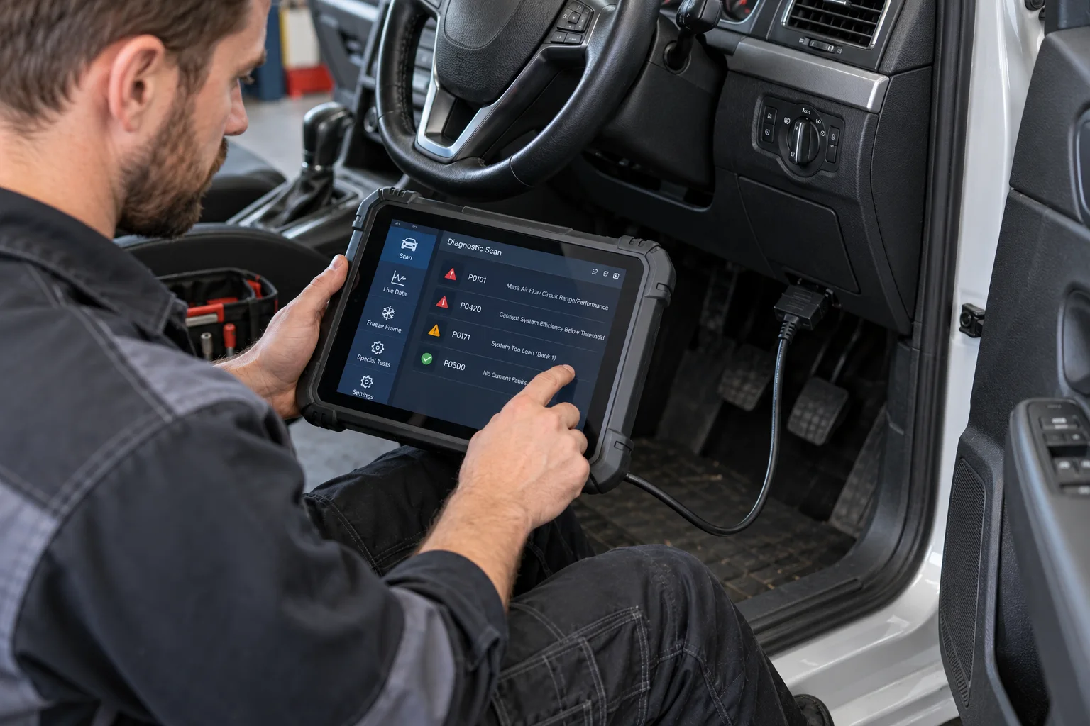 Scenă ilustrativă: diagnoză auto cu tester conectat la portul OBD